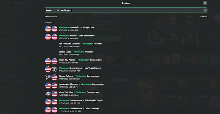 A view of the betting interface on BC Game, one of the best DC online sportsbooks.